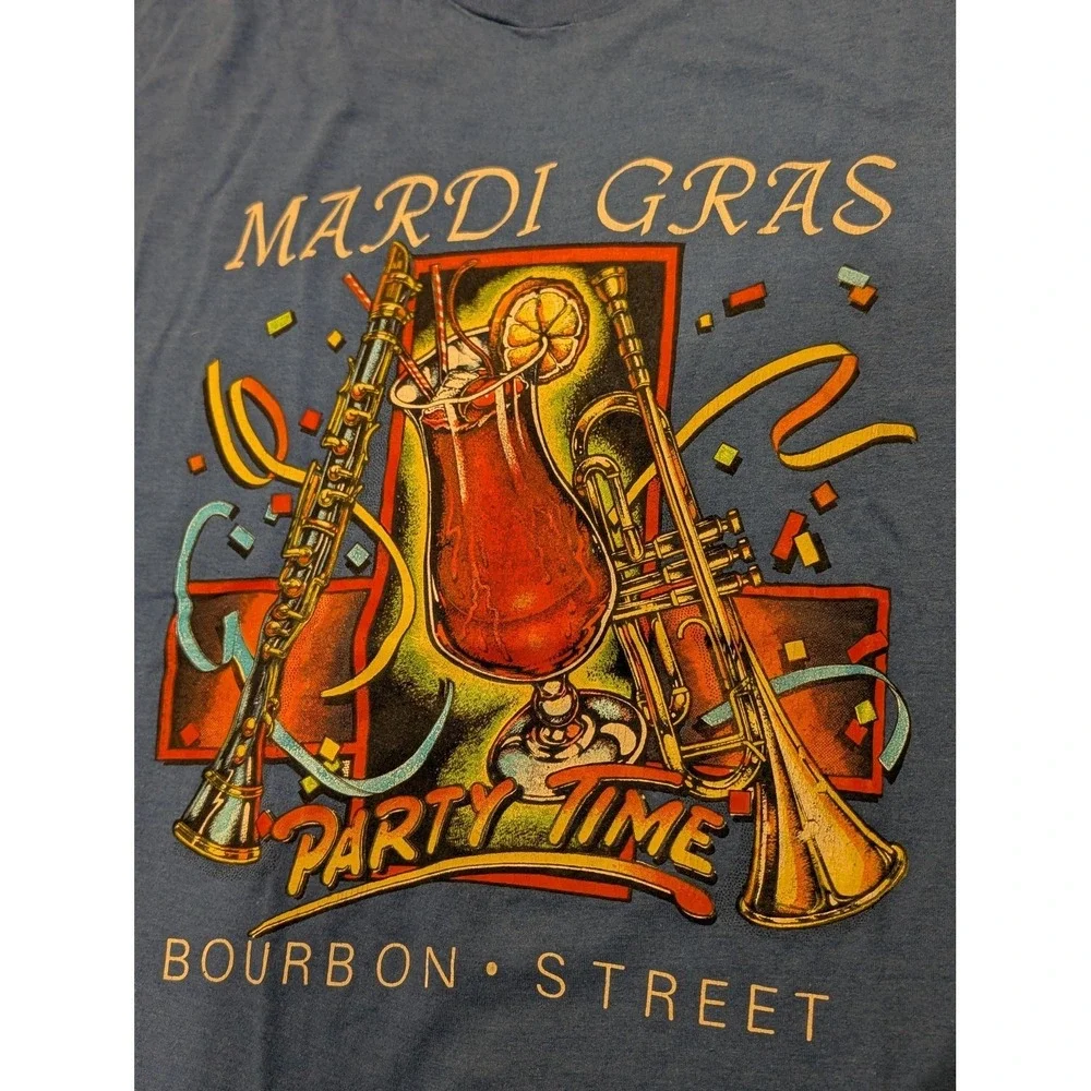 Vintage Mardi Gras Shirt Mens XL Blue Bourbon Street Graphic 50/50 Made USA 90s - Picture 2 of 7